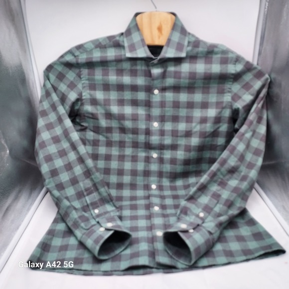 Ledbury Tailored Fit Shirt Mens 15 S Green Navy Buffalo Check Cotton - Picture 6 of 7